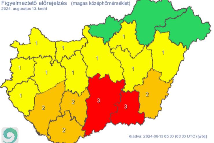 Vrs figyelmeztets van rvnyben a nagy meleg miatt dlen, szakon zivatarokra lehet szmtani