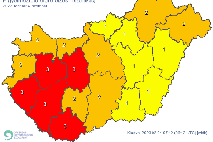 Ers szllksek miatt harmadfok riasztsokat adtak ki a Dunntl egy rszre